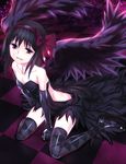  akemi_homura akuma_homura arm_support bad_id bad_pixiv_id bangs bare_shoulders black_gloves black_hair black_legwear dress elbow_gloves full_body gloves hair_ribbon hairband keikotsu long_hair looking_at_viewer mahou_shoujo_madoka_magica mahou_shoujo_madoka_magica_movie open_mouth purple_eyes ribbon sitting skirt smile solo spoilers thighhighs wariza wings 