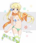  :d bad_id bad_pixiv_id bikini blonde_hair blue_eyes blush breasts cleavage engrish headphones long_hair looking_at_viewer medium_breasts nagijin navel open_mouth orange_scarf original ranguage scarf shiny shiny_skin skindentation smile solo standing standing_on_one_leg striped striped_legwear swimsuit thighhighs twintails 