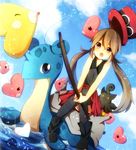  1girl alternate_color bent_knees black_legwear blue_sky brown_eyes brown_hair cloud clouds eyes_closed female fishing fishing_rod hat lapras legwear long_hair luvdisc nintendo open_mouth pokemon pokemon_(game) pokemon_xy pumpkaboo serena_(pokemon) shiny_pokemon sitting sky tongue twintails water 