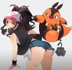  bare_shoulders baseball_cap blue_eyes brown_hair denim denim_shorts gen_5_pokemon hat onaramaru pignite pokemon pokemon_(creature) pokemon_(game) pokemon_bw ponytail shorts touko_(pokemon) vest 