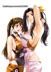  2girls arms_up bare_shoulders basketball_uniform black_hair blush bow breasts brown_hair cleavage clothed_navel english ge_xi hair_bow hair_ribbon highres huge_breasts large_breasts multiple_girls navel open_mouth original ponytail red_eyes ribbon short_shorts shorts simple_background smile sportswear twintails watermark web_address wristband xiang-zi_shen_(ge_xi) yellow_eyes 