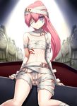  alternate_hair_color bandage_over_one_eye bandages cameltoe elsword empty_eyes eve_(elsword) expressionless long_hair maebari naked_bandage odd_one_out pink_hair purple_eyes solo tattoo tora_(huuunnji) 