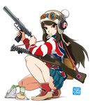  bolt_action brown_eyes brown_hair derivative_work eating food goggles goggles_on_headwear gun handgun headphones helmet highres lanchester_smg original pistol pleated_skirt rifle sandwich skirt solo submachine_gun trigger_discipline weapon welrod yumo_no_koujouchou 