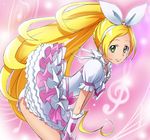  blonde_hair choker cure_rhythm earrings eighth_note frilled_skirt frills green_eyes haruyama_kazunori heart jewelry leaning_forward long_hair looking_at_viewer magical_girl minamino_kanade musical_note panties pink_background ponytail precure skirt smile solo staff_(music) suite_precure treble_clef underwear very_long_hair white_choker 