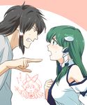  2girls :3 =_= arguing banned_artist bare_shoulders black_eyes black_hair chikage_(kinokodou) clenched_hand clenched_teeth detached_sleeves eye_contact frog_hair_ornament gap genderswap genderswap_(ftm) green_eyes green_hair hair_ornament hair_tubes hakurei_reimu hands_on_own_cheeks hands_on_own_face hat kochiya_sanae long_hair looking_at_another multiple_girls necktie open_mouth pointing ribbon smile snake_hair_ornament teeth touhou yakumo_yukari 