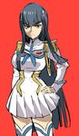 breasts coin_rand epaulettes frown junketsu kill_la_kill kiryuuin_satsuki large_breasts long_hair looking_at_viewer red_background simple_background solo thighhighs very_long_hair 