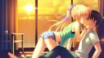  asahina_shin blonde_hair game_cg hontani_kanae karumaruka_circle kiss ponytail saga_planets shorts sunset 