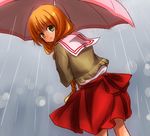  blonde_hair braid green_eyes long_hair looking_back misoshiru_(meridianchild312) one rain satomura_akane school_uniform skirt solo umbrella 