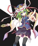  black_legwear blue_eyes green_hair hat hat_ribbon ken123456 long_sleeves looking_at_viewer outstretched_arms pleated_skirt ribbon rod_of_remorse shiki_eiki shirt skirt solo thighhighs touhou vest wide_sleeves zettai_ryouiki 