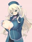  areola_slip areolae atago_(kantai_collection) black_legwear blonde_hair blush breast_slip breasts bursting_breasts green_eyes hat kaede_(sayappa) kantai_collection large_breasts long_hair military military_uniform nipples one_breast_out open_mouth pantyhose solo unbuttoned uniform 