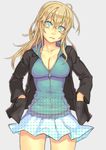  bad_id bad_pixiv_id bags_under_eyes blonde_hair blue_eyes breasts cleavage dots hands_in_pockets head_tilt hood hood_down hoodie jacket long_hair looking_at_viewer medium_breasts mustard_seeds original simple_background skirt solo yuuji_(and) zipper 