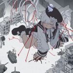  2girls aircraft all_fours arched_back asymmetrical_bangs bad_end beret black_dress black_hat black_shoes blood blood_splatter building chibi chibi_on_head city closed_mouth d.y.x. dress flower flower-trimmed_shorts flower-trimmed_sleeves frilled_socks frills full_body giant giantess gradient_hair hair_ornament hat hat_flower hat_ribbon helicopter highres house long_sleeves mahou_shoujo_no_majo_saiban mary_janes military_vehicle motor_vehicle multicolored_hair multiple_girls neck_ribbon on_ground on_head outdoors pink_eyes pink_hair ribbon ruins sailor_collar sakuraba_ema shoes short_hair skeletal_tail skeletal_wings sleeve_cuffs smoke socks solo spoilers string tail tank tears tears_from_one_eye thigh_strap tree tsukishiro_yuki white_flower white_hair wings x_hair_ornament 