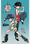  1boy 1girl ;( apron artist_request belt black_belt black_hair black_shoes black_sleeves blue_hair braid brown_eyes bun_cover chinese_clothes closed_mouth commentary_request detached_sleeves fighting_stance flower frilled_apron frills frown full_body gradient_background grey_pants highres leg_up one_eye_closed pants pink_flower ranma_1/2 saotome_ranma saotome_ranma_(male) shoes short_hair single_braid sleeveless tendou_akane thigh_belt thigh_strap v-shaped_eyebrows waist_apron white_apron wide_sleeves 