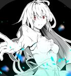  1girl akihi497 antenna_hair archetype_earth arcueid_brunestud attack bare_shoulders breasts cleavage commentary detached_sleeves fate/grand_order fate_(series) floating_hair gloves hair_between_eyes hair_intakes high_collar highres imminent_attack long_hair looking_at_viewer monochrome outstretched_hand reaching reaching_towards_viewer red_eyes sidelocks solo standing tsukihime tsukihime_(remake) upper_body 