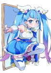  1girl :o absurdres ankle_boots blue_boots blue_cape blue_dress blue_eyes blue_hair boots bow brooch cape commentary cure_sky cut_bangs detached_sleeves dress dress_bow earrings fingerless_gloves frilled_dress frills fringe_trim gloves gradient_hair hair_ornament highres hirogaru_sky!_precure jewelry long_hair looking_at_viewer magical_girl multicolored_hair otama_(otama_ladle23) parted_lips pink_bow pink_hair precure puffy_detached_sleeves puffy_sleeves red_cape short_dress simple_background single_sidelock sleeveless sleeveless_dress solo sora_harewataru squatting streaked_hair thighhighs twintails two-sided_cape two-sided_fabric two-tone_dress two-tone_hair very_long_hair white_background white_dress white_gloves white_thighhighs window wing_brooch wing_hair_ornament 