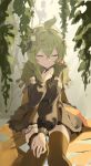  1girl absurdres brown_dress brown_thighhighs capelet closed_eyes closed_mouth collei_(genshin_impact) commentary_request detached_sleeves dress earrings facing_viewer feet_out_of_frame genshin_impact green_capelet green_hair hair_between_eyes hand_on_own_knee hand_up highres jewelry medium_hair plant puffy_sleeves single_earring sitting smile solo thighhighs usagi_sakaki_(tosaka) 