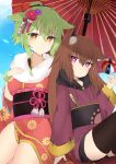  2girls absurdres animal_ear_fluff animal_ears ball black_shorts black_thighhighs blue_sky blush brown_hair closed_mouth commentary_request day drawstring floral_print fur_collar green_hair hair_between_eyes hand_up highres hood hood_down japanese_clothes kimono long_hair long_neck long_sleeves multiple_girls nyaha obi oil-paper_umbrella orange_eyes original outdoors parted_lips print_kimono purple_eyes purple_kimono red_kimono red_umbrella sash short_shorts shorts sky smile temari_ball thighhighs umbrella very_long_hair wide_sleeves 