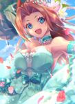  animal_ears aqua_choker aqua_dress armpits bare_shoulders blue_eyes blue_sky breasts bride brown_hair choker commentary_request curtained_hair dress elbow_gloves flower frilled_choker frills gloves hair_flower hair_ornament highres horse_ears horse_girl kawakami_princess_(princess_bride)_(umamusume) kawakami_princess_(umamusume) large_breasts long_hair looking_at_viewer mizutsuki_arika official_alternate_costume open_mouth petals sky smile umamusume wedding_dress 