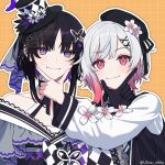  2girls artist_name bare_shoulders beret black_coat black_gloves black_hair black_hat black_kimono bow butterfly_hair_ornament butterfly_hat_ornament checkered_sleeves coat collared_coat commentary_request flower flower-trimmed_sleeves furisode gloves gradient_hair hair_flower hair_ornament hat hat_flower hat_ornament hat_ribbon housho_margo japanese_clothes kimono lolita_fashion long_sleeves looking_at_viewer mahou_shoujo_no_majo_saiban mini_hat mini_top_hat multicolored_hair multiple_girls neck_ribbon off_shoulder parted_bangs pink_eyes pink_hair puffy_sleeves purple_eyes ribbon sakuraba_ema shirt short_hair signature sleeveless sleeveless_coat smile top_hat twitter_username wa_lolita white_flower white_hair white_shirt white_sleeves wide_sleeves x_hair_ornament yuichirou_(u1rou_desu) 