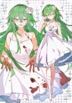  1girl adjusting_hair bandaged_ankle bandaged_leg bandages bare_arms bare_legs bare_shoulders barefoot blood blood_on_clothes blood_on_face blood_on_hand breasts chemise chinese_commentary cleavage commentary commission crossed_bangs flower full_body green_eyes green_hair grid_background hair_behind_ear hair_flower hair_ornament heterochromia highres holding holding_flower long_hair looking_at_viewer multiple_views original poxiao_buff reaching reaching_towards_viewer red_eyes ringed_eyes rose smile spaghetti_strap very_long_hair white_chemise white_flower white_rose 