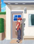  1girl :o absurdres bag blue_eyes blue_pants blue_shoes blue_wrist_cuffs braid chinese_clothes commentary door english_commentary eyeshadow highres holding holding_bag makeup open_mouth pants plant potted_plant purple_eyeshadow ranma_1/2 red_hair saotome_ranma saotome_ranma_(female) shawncollinsart shoes single_braid solo standing tangzhuang welcome_mat window wrist_cuffs 