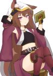  1girl absurdres animal_ear_fluff animal_ears arm_up belt belt_buckle black_boots black_gloves black_shirt boots breasts brown_belt brown_hair buckle claw_ring commentary_request convenient_leg detached_sleeves ears_through_headwear feet_out_of_frame gloves hair_between_eyes highres hood hood_up knees_together_feet_apart long_hair long_sleeves looking_at_viewer nyaha original parted_lips purple_eyes purple_sleeves red_thighhighs shirt simple_background sitting small_breasts solo tail thighhighs thighhighs_under_boots tree_stump very_long_hair white_background 