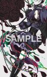  1girl animal_ears awoito_(tsurubami_jiguro) belt black_flower black_gloves black_hair black_rose boots cape commentary corset dress flower gloves hat highres holding horse_ears horse_girl horse_tail knee_boots kneehighs long_sleeves looking_at_viewer original petals purple_hair rose sample_watermark socks solo tail watermark weapon 