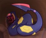 absurdres cave colored_sclera commentary english_commentary fangs forked_tongue glowing glowing_eye highres no_humans open_mouth pokemon pokemon_(creature) pokemon_focus red_sclera seviper shmianian snake solo tongue tongue_out 