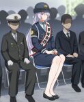  1girl 2boys absurdres aiguillette ak-15_(girls'_frontline) armband black_armband black_pants black_shoes black_suit blue_hat blue_skirt blue_suit bowl bowl_hat collared_shirt commentary crowd expressionless faceless faceless_male girls'_frontline girls'_frontline_2:_exilium gloves grey_necktie hair_over_one_eye hands_on_lap hat highres ivon5471 long_hair multiple_boys necktie pants pencil_skirt police police_uniform purple_eyes sash shirt shoes shoulder_sash sitting skirt suit voymastina_(b-robo_voymawari)_(girls'_frontline_2) voymastina_(girls'_frontline_2) white_gloves white_hair white_shirt 