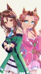  2girls absurdres animal_ears bare_shoulders black_gloves blue_eyes blush bow braid breasts brown_hair buttons closed_mouth coat commentary_request curtained_hair detached_sleeves double-breasted dress ear_bow ear_ribbon frilled_thighhighs frills garter_straps gloves green_bow green_dress highres horse_ears horse_girl horse_tail kawakami_princess_(princess_of_pink)_(umamusume) kawakami_princess_(umamusume) king_halo_(king_of_emeralds)_(umamusume) king_halo_(umamusume) large_breasts long_hair looking_at_viewer multiple_girls nagonago10 off-shoulder_coat off-shoulder_dress off_shoulder open_mouth pink_dress pink_sleeves red_eyes sleeveless sleeveless_dress smile tail thighhighs umamusume umamusume_horse_relations white_thighhighs 