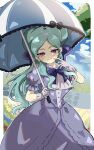  1girl aqua_hair artist_name beta_(inazuma_eleven) black_bow blue_umbrella blush border bow bowtie breasts closed_mouth commentary dress finger_to_cheek frilled_dress frilled_gloves frilled_umbrella frills gloves hair_bow hair_bun highres holding holding_umbrella inazuma_eleven_(series) inazuma_eleven_cross inazuma_eleven_go inazuma_eleven_go_chrono_stone large_breasts long_hair looking_at_viewer official_alternate_costume outline outside_border puffy_short_sleeves puffy_sleeves purple_bow purple_bowtie purple_dress purple_eyes sakunjak short_sleeves smile solo umbrella white_border white_bow white_gloves white_outline 