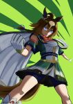  animal_ears blaze_octopus blue_eyes bow braid breasts bright_pupils brown_hair cape closed_mouth commentary_request epiphaneia_(racing)_(umamusume) epiphaneia_(umamusume) gloves hair_between_eyes hair_tuft highres horse_ears horse_girl horse_tail long_hair multicolored_hair red_bow shirt skirt streaked_hair tail umamusume white_cape white_gloves 