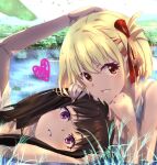  2girls blonde_hair brown_hair commentary_request grass grin hair_ribbon hand_on_another's_head heart inoue_takina long_hair looking_at_viewer lycoris_recoil multiple_girls nishikigi_chisato outdoors parted_lips purple_eyes red_eyes red_ribbon ribbon sengoku_chidori smile water yuri 