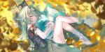  1girl absurdres ahoge artist_name autumn_leaves black_hat black_jacket caisena chinese_commentary closed_eyes commentary_request fetal_position full_body grass green_hair green_shorts hat highres honkai:_star_rail honkai_(series) hug huohuo_(honkai:_star_rail) jacket leaf long_hair loose_socks lying on_ground on_side outdoors parted_lips short_shorts shorts signature socks solo tail_(honkai:_star_rail) white_socks zhuang_hat 