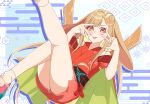  1girl animal_ears blonde_hair brown_eyes brown_hair cho_kaguya-hime! clothing_cutout colored_inner_hair commentary crescent crescent_hair_ornament double_w egasumi hair_ornament highres kaguya_(cho_kaguya-hime!) long_hair multicolored_hair pink_shoes rabbit_ears rabbit_girl red_eyes shibakuma shoes shoulder_cutout socks solo thighs tongue tongue_out very_long_hair w w_over_eye white_socks 