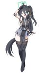  1girl :d ;d absurdres aris_(blue_archive) arm_up black_boots black_dress black_gloves black_hair black_thighhighs blue_archive blue_eyes boots breasts commentary cosplay den_kun69 dress earrings elbow_pads english_commentary female_rover_(wuthering_waves) female_rover_(wuthering_waves)_(cosplay) full_body gloves halo highres jewelry long_hair looking_at_viewer one_eye_closed one_side_up open_mouth partially_fingerless_gloves pelvic_curtain rover_(wuthering_waves) simple_background sleeveless sleeveless_dress small_breasts smile solo tanaka_minami_(voice_actor) thigh_boots thigh_strap thighhighs thighhighs_under_boots thighs triangle_earrings very_long_hair voice_actor_connection white_background wuthering_waves 