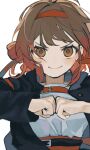  1girl absurdres ahoge belt black_belt black_jacket blush brown_eyes brown_hair clenched_hands commentary dot_nose double-parted_bangs fist_pump gakuen_idolmaster gakuran gradient_hair hair_rings hairband hanami_ume headband highres idolmaster jacket looking_at_viewer multicolored_hair multiple_belts onigiri_(vuhz5735) open_clothes open_jacket own_hands_together red_belt red_hair red_hairband school_uniform shirt short_hair simple_background smile solo straight_hair two-tone_hair upper_body v-shaped_eyebrows white_background white_shirt 