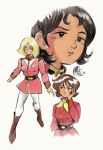  1970s_(style) 1980s_(style) 3girls absurdres artist_name black_eyes black_hair blonde_hair brown_eyes brown_hair commentary_request dated derivative_work earth_federation faux_retro_artstyle fraw_bow gundam highres laylafgore military_rank_insignia military_uniform mirai_yashima mobile_suit_gundam multiple_girls pantyhose retro_artstyle sayla_mass scan scarf science_fiction signature sketch soldier traditional_media unfinished white_background white_pantyhose yellow_scarf 