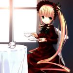  blonde_hair cup drill_hair green_eyes kakaon long_hair rozen_maiden shinku solo tea teacup very_long_hair 