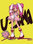  1girl animal_ears apron back_bow ball_and_chain_(weapon) bow bowtie carhop character_name commentary_request commission dress drill_hair footwear_bow full_body gloves heart heart-shaped_pupils highres holding holding_microphone long_hair looking_at_viewer microphone norixio open_hand open_mouth original outstretched_arm pink_dress pink_eyes pink_hair pinky_out puffy_short_sleeves puffy_sleeves rabbit_ears rabbit_girl red_bow red_bowtie red_sash roller_skates sash short_dress short_sleeves skates skeb_commission solo spiked_ball_and_chain standing striped_clothes striped_dress symbol-shaped_pupils twin_drills twitter_username vertical-striped_clothes vertical-striped_dress waitress weapon white_apron white_gloves yellow_background 
