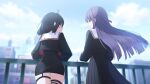  2girls ahoge artist_request black_hair black_serafuku black_shirt black_skirt blue_sky closed_mouth cloud cloudy_sky cowboy_shot from_behind from_below game_asset grey_eyes hair_ornament liu_cuilan long_hair medium_hair multiple_girls muv-luv muv-luv_girls_garden official_art outdoors profile purple_hair railing red_eyes sailor_collar school_uniform serafuku shirt shiun_saya skirt sky thigh_strap third-party_source white_sailor_collar 