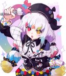  1girl absurdres asymmetrical_footwear beret black_hat black_jacket black_pantyhose bow collared_shirt colored_tips commentary_request hat heterochromia highres holding holding_paintbrush holding_spray_can ice_orange_lovegg jacket jacket_partially_removed jogasaki_noah long_hair long_sleeves looking_at_viewer mahou_shoujo_no_majo_saiban mismatched_footwear multi-tied_hair multicolored_hair neck_ribbon off_shoulder open_mouth paintbrush pantyhose polka_dot polka_dot_bow polka_dot_skirt red_eyes ribbon shirt skirt solo spray_can streaked_hair white_hair white_shirt yellow_eyes 