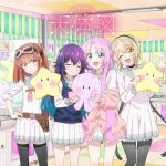  4girls akeuchi_yuu artist_request black_choker black_thighhighs blonde_hair blue_eyes blush brown_eyes brown_hair choker closed_eyes feet_out_of_frame goggles goggles_on_head hairband highres holding hoshikuzu_telepath indoors jacket konohoshi_umika long_hair multiple_girls official_art one_eye_closed pantyhose pink_hair pink_jacket purple_hair raimon_matataki shirt short_hair skirt smile standing stuffed_toy sweater takaragi_haruno thighhighs translation_request white_skirt yellow_eyes 
