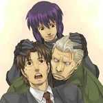  2boys artist_request batou brown_eyes brown_hair formal ghost_in_the_shell ghost_in_the_shell_stand_alone_complex gloves kusanagi_motoko mullet multiple_boys necktie petting purple_hair short_hair smile suit togusa trench_coat white_hair 