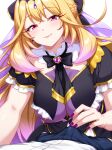  1boy 1girl absurdres alternate_breast_size_(larger) black_bow black_bowtie black_necktie black_pants blonde_hair bow bowtie braid breasts bulge bulge_press bulges_touching capelet closed_mouth commentary_request commission cure_arcana_shadow diamond_hairband erection erection_under_clothes frilled_capelet frills gradient_hair hair_between_eyes half_up_braid highres large_breasts long_hair looking_at_viewer meitantei_precure! moria_luluka multicolored_hair necktie pants pixiv_commission pov pov_crotch precure purple_eyes purple_hair purple_veil shirt sho2 simple_background smile veil white_background white_shirt 