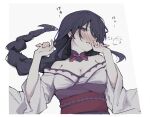  1girl blush braid breasts cleavage commentary_request genshin_impact highres japanese_clothes kimono large_breasts long_hair purple_eyes purple_hair raiden_shogun single_braid solo translation_request white_kimono yona_4777 