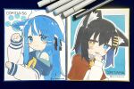 2girls :3 absurdres animal_ear_fluff animal_ears animal_hat beret black_hair blue_eyes blue_hair blush_stickers brown_capelet brown_eyes capelet closed_mouth commentary_request fake_animal_ears fur-trimmed_capelet fur_trim hair_ornament hairclip hat heterochromia highres hood hood_down hooded_jacket jacket koko_(ayanepuna) long_hair long_sleeves multicolored_hair multiple_girls nia_(ayanepuna) off_shoulder original paw_pose photo_(medium) puffy_long_sleeves puffy_sleeves shikishi shirt sleeves_past_wrists small_sweatdrop streaked_hair sweat traditional_media twitter_username upper_body very_long_hair white_hair white_hat white_jacket white_shirt yuune_(ayanepuna) 