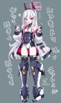  1girl aris_(armed)_(blue_archive) aris_(blue_archive) aris_(blue_archive)_(cosplay) black_hairband blue_archive blue_necktie bright_pupils commentary_request cosplay detached_sleeves double_v doyouwantto full_body grey_background hair_between_eyes hairband half_updo halo highres jacket kei_(blue_archive) kei_(student)_(blue_archive) leotard long_hair long_hair_between_eyes looking_at_viewer mecha_musume mechanical_legs multicolored_jacket necktie open_clothes open_jacket pink_halo rectangular_halo ringed_eyes short_necktie showgirl_skirt solo translation_request two-tone_jacket v white_hair white_jacket white_leotard 