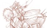  between_fingers bow brown dutch_angle hair_bow hair_tubes hakurei_reimu izayoi_sakuya kasuteru knife maid_headdress monochrome multiple_girls ofuda sketch skirt skirt_set touhou 