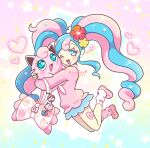  1girl aqua_eyes artist_name atom_palace bandaid blue_eyes bull_sprite_(pokemon) cardigan clefairy clefairy_sprite_(pokemon) collared_sweater commentary fairy_miku_(project_voltage) fish_sprite_(pokemon) flower flower_sprite_(pokemon) fossil_sprite_(pokemon) gyaru hatsune_miku heart heart-shaped_bandaid highres jigglypuff kogal loose_socks neckerchief one_eye_closed pink_cardigan pink_hair pink_nails pink_shoes pink_sweater pink_theme poke_ball pokemon pokemon_(creature) pokewalker project_voltage rainbow scrunchie shoes socks sparkle sticker_on_leg sweater virtual_pet_(toy) vocaloid white_neckerchief wrist_scrunchie yellow_flower 